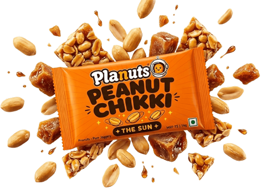 Planuts peanut chikki pack surrounded by peanuts
